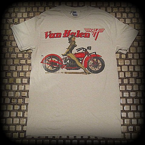 VAN HALEN‏ -Biker Girl Pin Up Distressed Printed T-Shirt